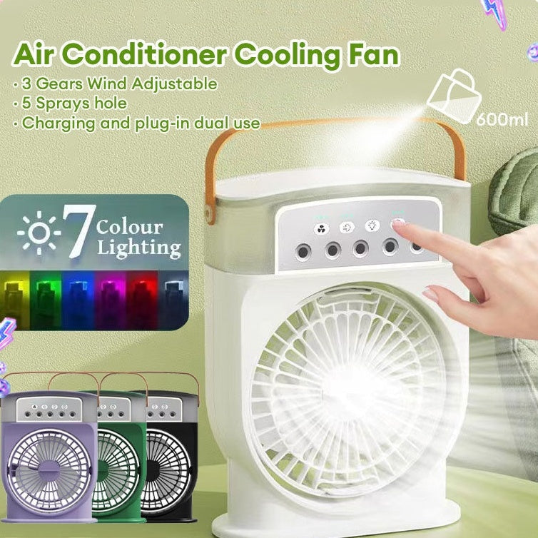 Portable USB Air Conditioner Fan: 5 Sprays, 7 Color Light, 600ML Humidifier